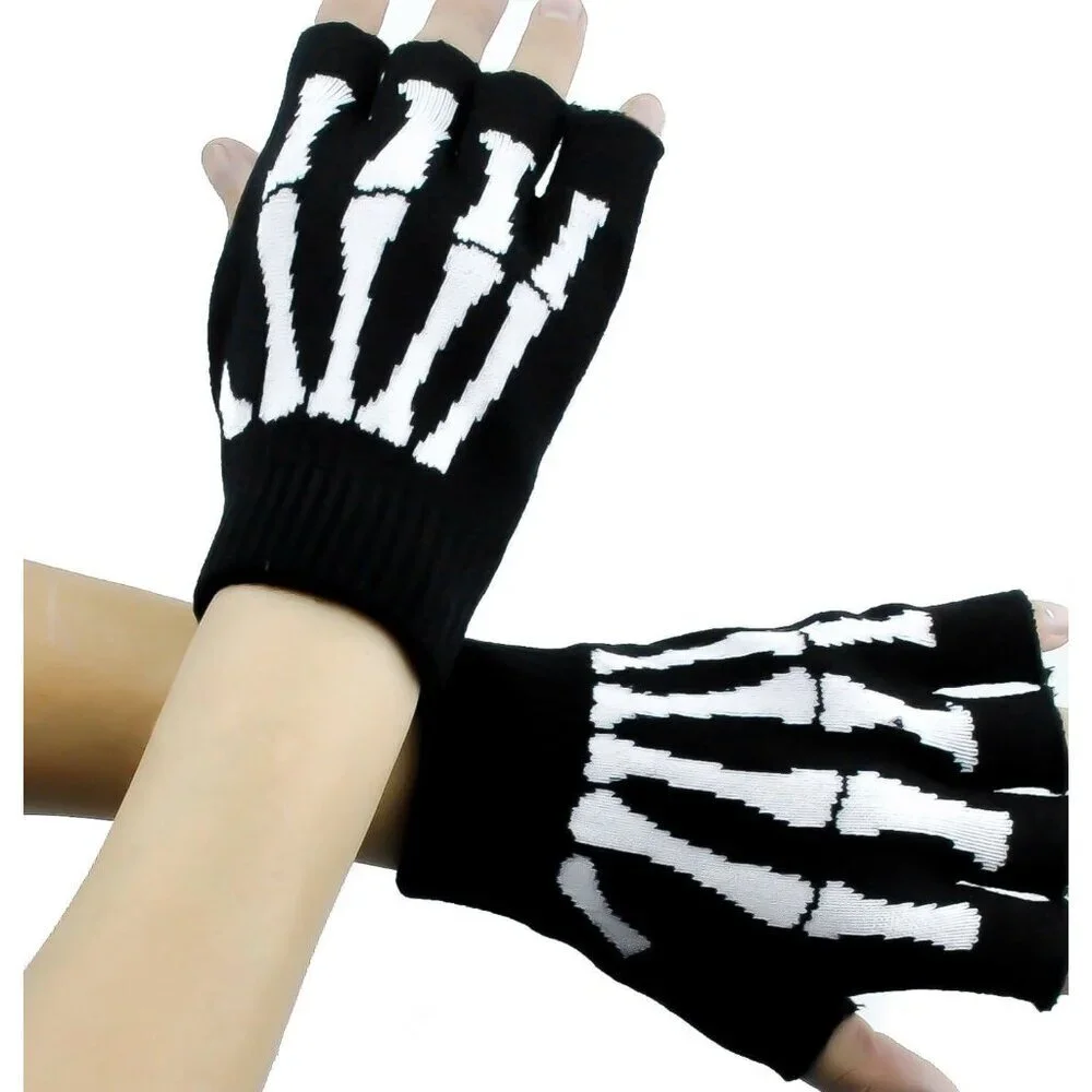 Unisex Skeleton Fingerless Gloves Knit Hand Warmers Soft Warm Fashion